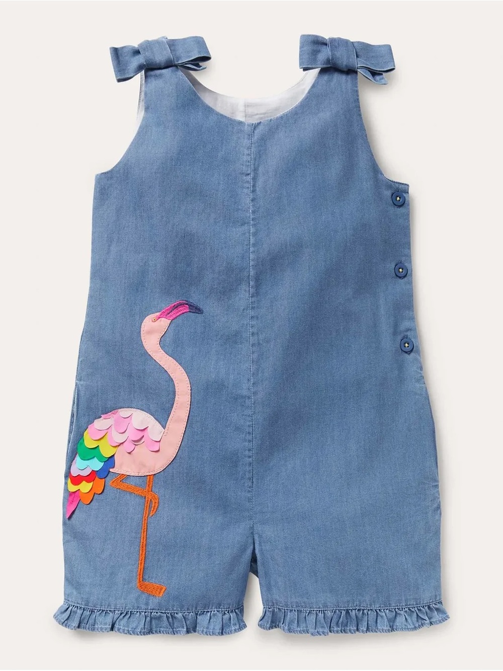 NEW Mini Boden Denim Chambray Flamingo Appliqué Ruffle Bow Girls' Short Romper